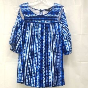 Short Sleeve Tunic Top Cold Shoulder Bell Blue White Boho Scoop Neck